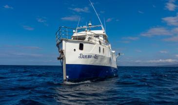 Danubio Yacht front of the ship Full front view of Galapagos Danubio Liveaboard